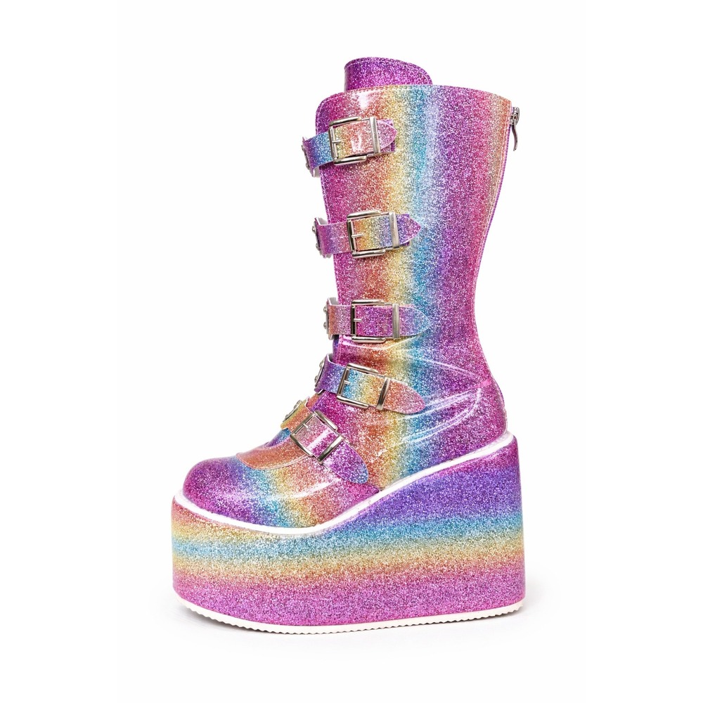 Rainbow Glittered Platform Boots 6 Heart Buckle Mid Calf Wedge Festival Rave